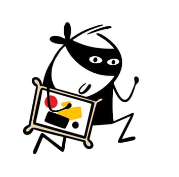 Funny stickman thief with painting escapes from museum. Vector illustration of cartoon robber in black and mask committed crime. Broke the law. Isolated hand drawn character on white background.