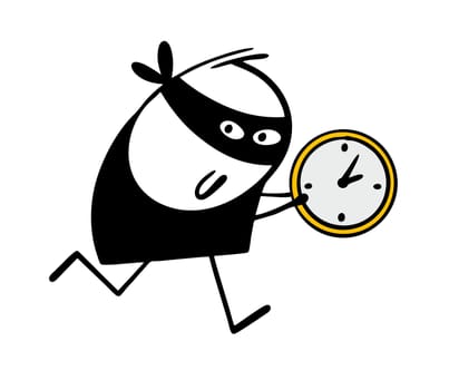 Brazen thief in black mask has stolen an expensive gold watch and is running away from the police. Vector illustration of a waste of time. Isolated character on white background.