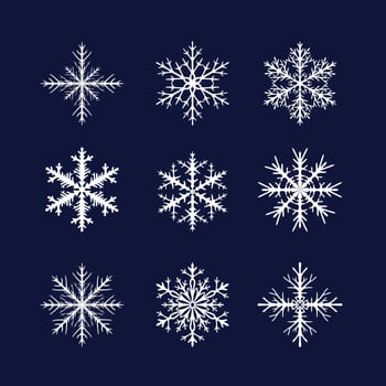 Set of nine white openwork snowflakes on a blue background