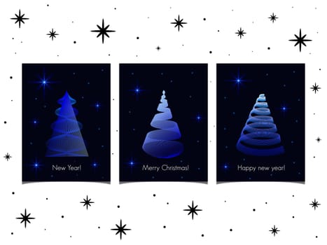Three greeting cards with modern Christmas trees with blue-light gradient, against dark sky with twinkling blue stars