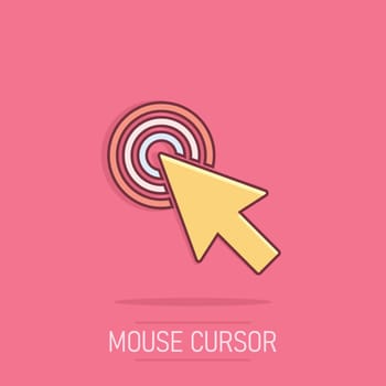 Computer mouse cursor icon in comic style. Arrow cursor vector cartoon illustration pictogram. Mouse aim business concept splash effect.