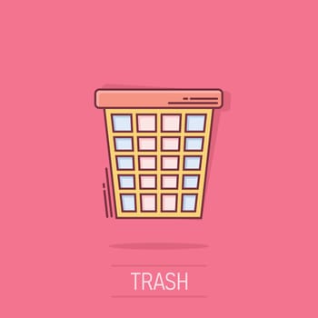 Trash bin garbage icon in comic style. Trash bucket vector cartoon illustration pictogram. Garbage basket business concept splash effect.