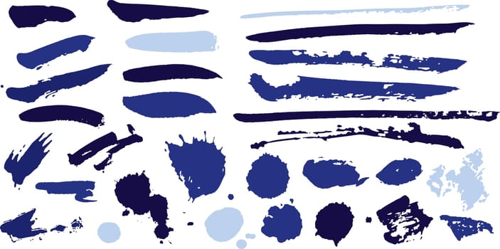 Vector blue artistic paint brush strokes and paint blob splatter elements. Suitable for your graphic design projects.