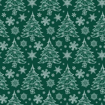 Vector green monochrome sparkling rows of christmas tree and snowflakes seamless background. Suitable for textile, gift wrap and wallpaper.