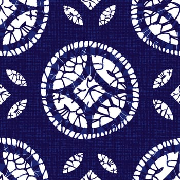 Vector blue shibori quilt round circle seamless pattern with canvas background. Suitable for textile, gift wrap and wallpaper.