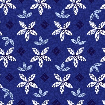 Vector blue shibori quilt abstract flower prints seamless pattern with terrazzo background 02. Suitable for textile, gift wrap and wallpaper.