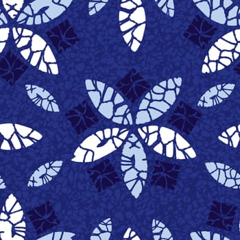Vector blue shibori quilt abstract flower prints seamless pattern with terrazzo background 01. Suitable for textile, gift wrap and wallpaper.