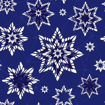 Vector blue abstract snowflake stars seamless background 09. Suitable for textile, gift wrap and wallpaper.