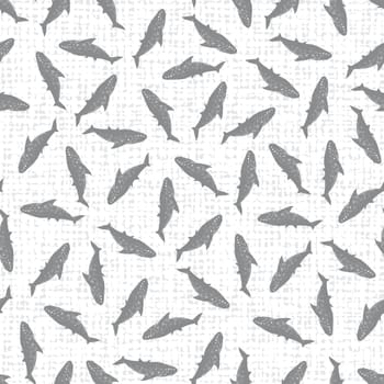 Vector white shark pen sketch scattered repeat pattern with canvas background 03. Suitable for textile, gift wrap and wallpaper.