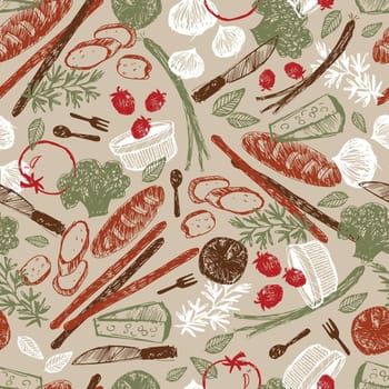 Vector beige baritalia colourful sketch illustration seamless pattern with vegetables and bread. Perfect for fabric, wallpaper and restaurant menu.