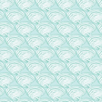 Vector aqua rows of clam seashells repeat pattern. Suitable for gift wrap, textile and wallpaper.