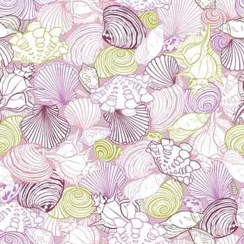 Vector purple repeat pattern with variety of overlaping seashells. Romantic pink theme. Perfect for fabric, scrapbooking, wallpaper projects.
