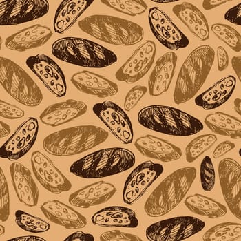 Vector brown scattered doodle slice frence loaf bread repeat pattern. Perfect for fabric, bakery menu and wrapping paper projects.