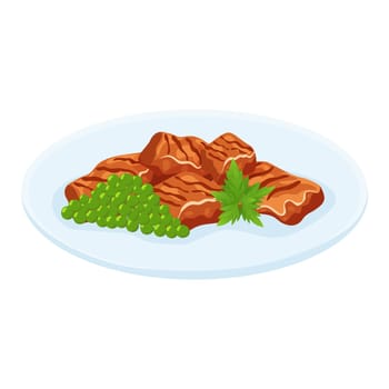 A dish of fried pieces of meat, green peas parsley