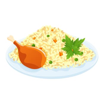Vector illustration of a dish with rice, chicken.