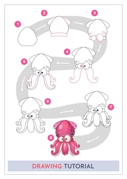 How to Draw a Squid. Step by Step Drawing Tutorial. Draw Guide. Simple Instruction for Kids and Adults.