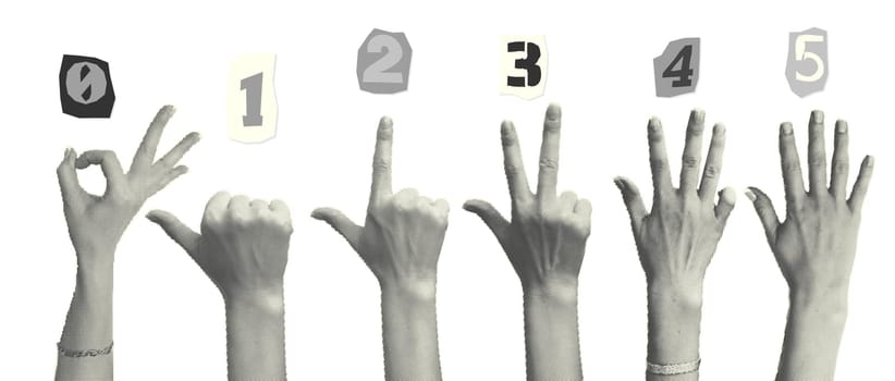 Set of halftone hands showing gestures counting from zero to five isolated on white background Trendy creative collage elements Cut magazine style. Contemporary art Modern design. Vector illustrations