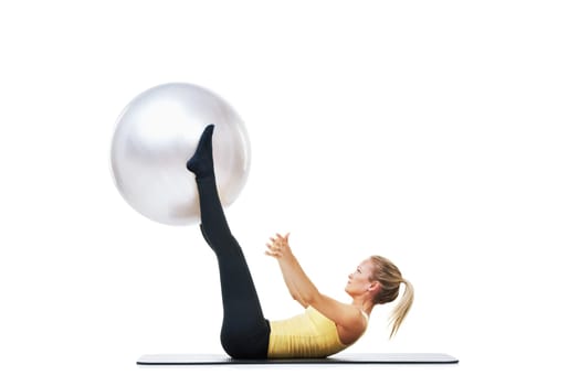 Exercise ball, fitness and woman on a studio floor for legs, strength or training challenge on white background. Gym, mockup and female athlete with inflatable for ground, workout or flexibility