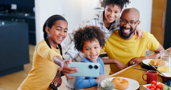 Selfie, food and a black family eating in the kitchen of their home together for health, diet or nutrition. Breakfast, photograph or memory with a mother, father and children together in an apartment