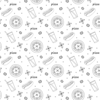 Seamless pattern coloring with pizza hot dog lemonade cherry tomatoes basil black outline on white background