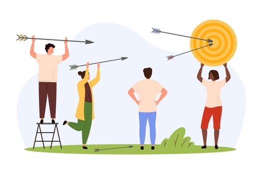 Success strategy to reach objective business goals, tiny people throw arrows at target