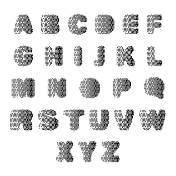 Halftone pixel alphabet. Decorative dotted font.