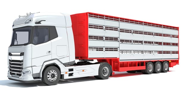 Truck with Cattle Animal Transporter Trailer 3D rendering on white background