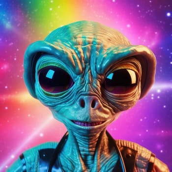 Cartoon alien with big eyes on a colourful otherworldly background