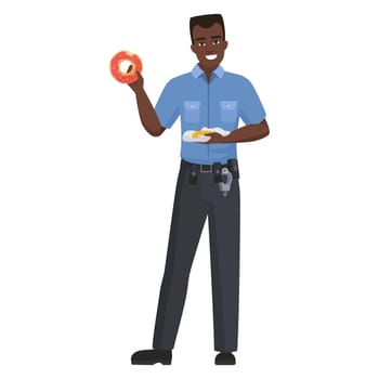 Smiling black policeman eats donut