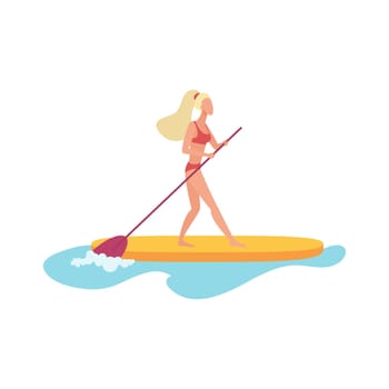 Sup surfer woman standing on paddle board to ride sea or ocean waves