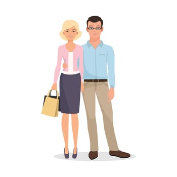 Man and woman standing together, young couple in fashion outfit hugging vector illustration