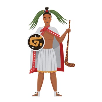 Aztec warrior, man in headdress holding shield and wooden weapon