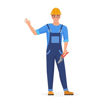 Construction worker in hard hat standing with pliers, man waving