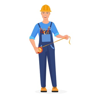 Happy builder holding roulette, male construction worker character in helmet