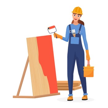 Construction worker holding bucket and roller to paint wooden board, female builder in helmet