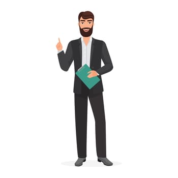 Happy businessman holding business document on clipboard, man pointing up vector illustration