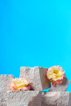 Pieces of gray limestone on blue background with flowers
