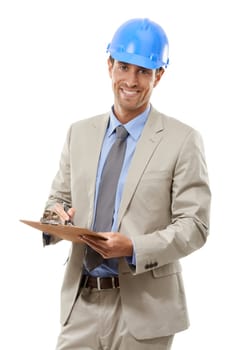 Happy businessman, portrait and architect with clipboard or hard hat for signing or inspection on a white studio background. Man, contractor or engineer with documents in architecture or construction