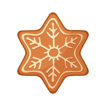 Christmas gingerbread cookie, biscuit of snowflake shape with icing pattern