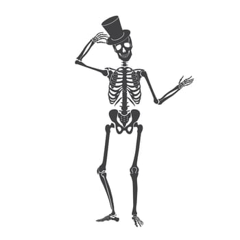 Dance of black skeleton, dead gentleman character holding cylinder to raise in greeting