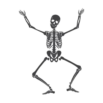 Dance of black human skeleton, dead bone character crouching with hands up in air