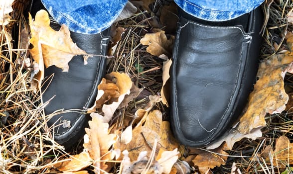 Comfortable moccasins black on the legs of a woman while walking in the woods.