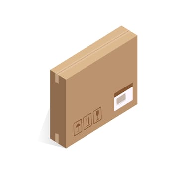Isometric closed cardboard box, wrapping of parcel with barcode