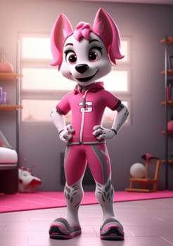 Funny fitness dog in pink clothes in the gym. Cartoon character dog motivational illustration AI