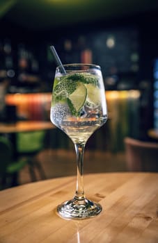 Glass of gin tonic with lime 