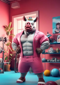 Funny fitness rhinoceros in pink workout clothes in the gym. Cartoon character rhinoceros motivational illustration AI