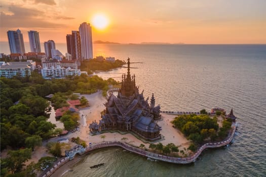 The Sanctuary of Truth wooden temple in Pattaya Thailand, sculpture of Sanctuary of Truth temple