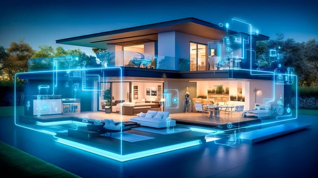 futuristic smart home concept during the night, showcasing a modern house with illuminated smart technology icons around it, reflecting advanced connectivity and home automation