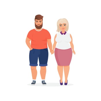Plus size couple in casual clothes standing together, holding hands