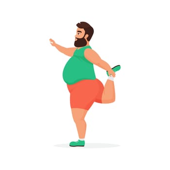 Plus size man standing on one leg to do yoga or gymnastics in gym vector illustration